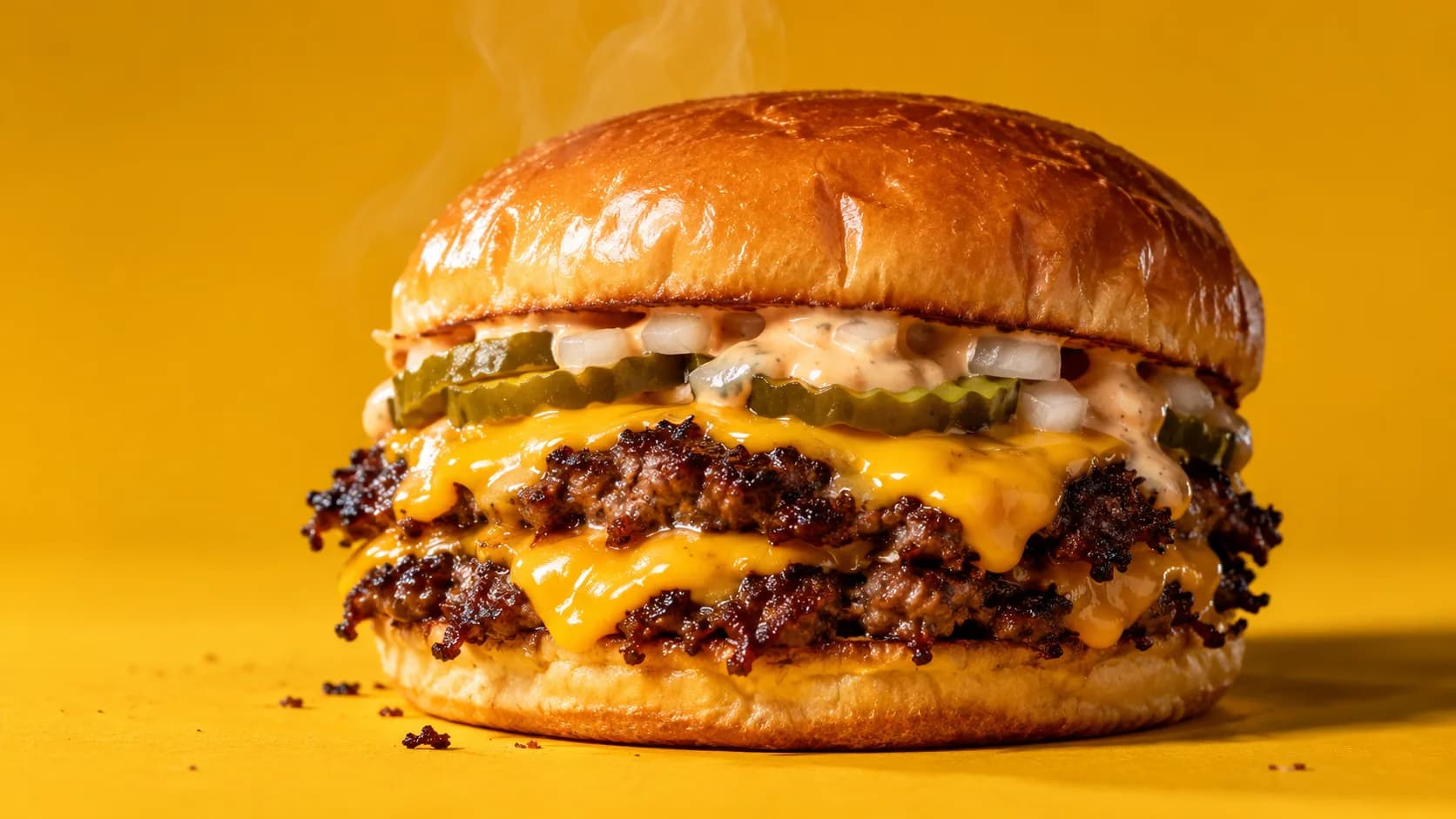 BUNEX Double Smashburger mit knusprigen Pattys, Käse, Gurken und Soße